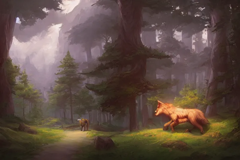 Image similar to a painting of an inn on top of a giant wolf walking through a magical forest, by andreas rocha, trending on artstation