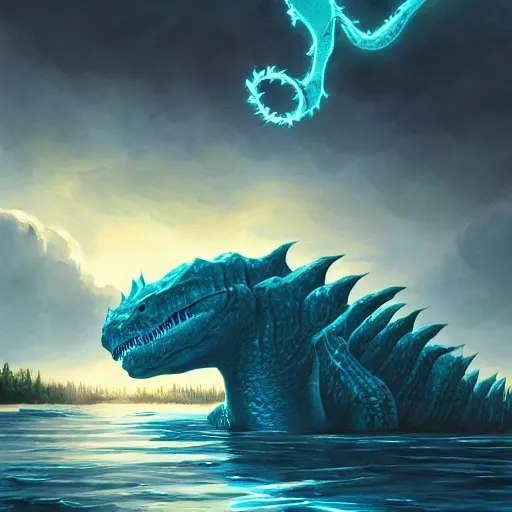 Prompt: Epic giant sea monster rising from Lake Washington, Glossy Oil on Canvas Masterpiece By (artists names), painted in Linear scale Perspective, Cinematic Lighting, Artstation, Blue Color Scheme