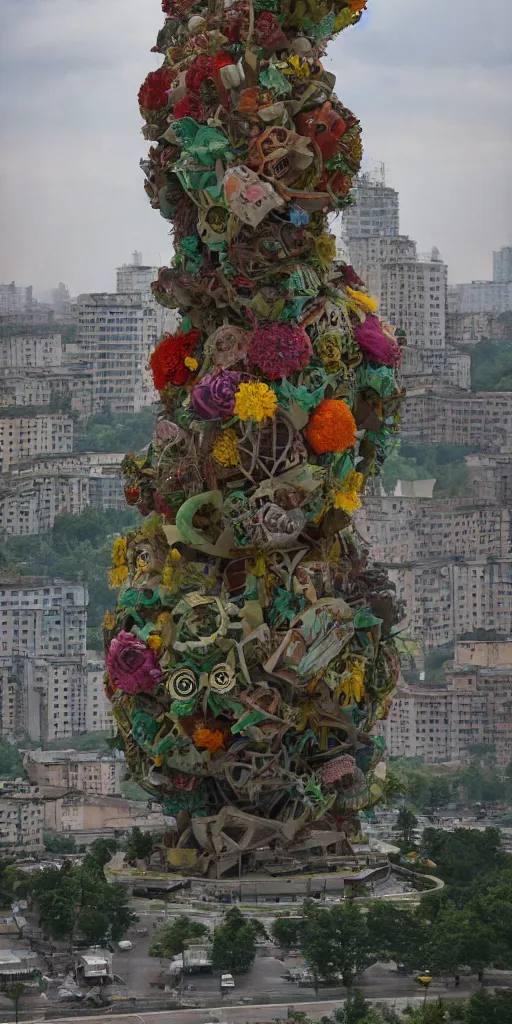 Image similar to colossal grotesque flower made from communist dreams in the middle of abandoned post soviet constructivist cityscape, Stalinist architecture, ultradetailed by Hayao Miyazaki and Josan Gonzalez and Makoto Shinkai and Giuseppe Arcimboldo and Wes Anderson