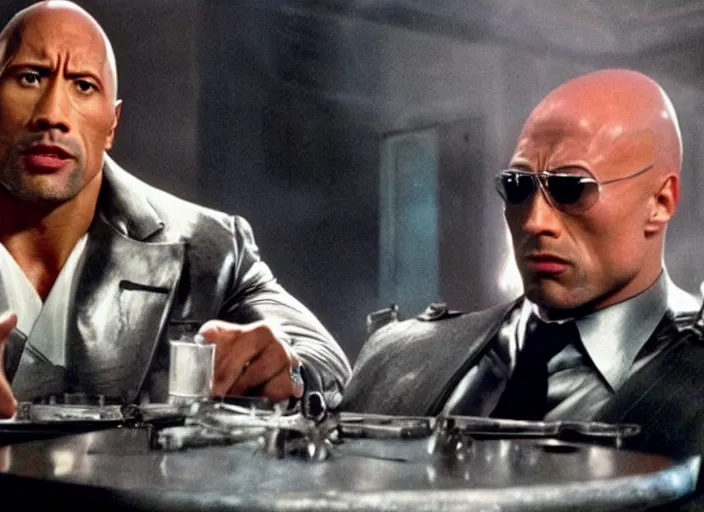 Image similar to film still of Dwayne Johnson as Doctor Evil sitting at the round metal table from Austin Powers