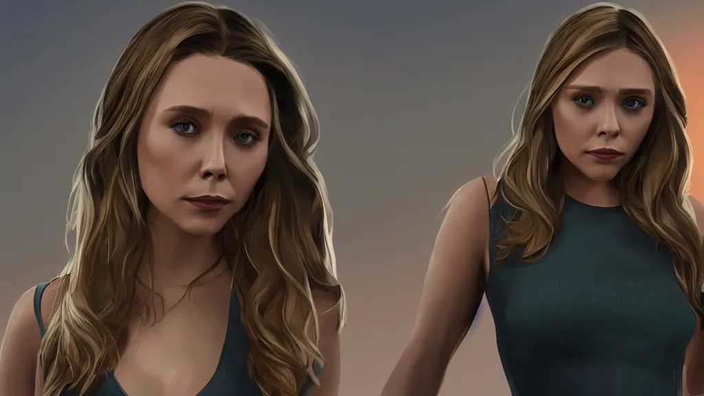 Prompt: Elizabeth Olsen GTA 5 loading screen, cel shaded, strong outlines, 4k, Xbox