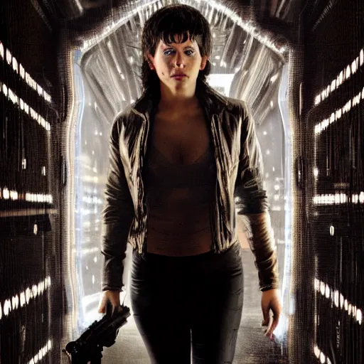 Image similar to Molly from the novel Neuromancer, portrait shot, movie still, promotional picture