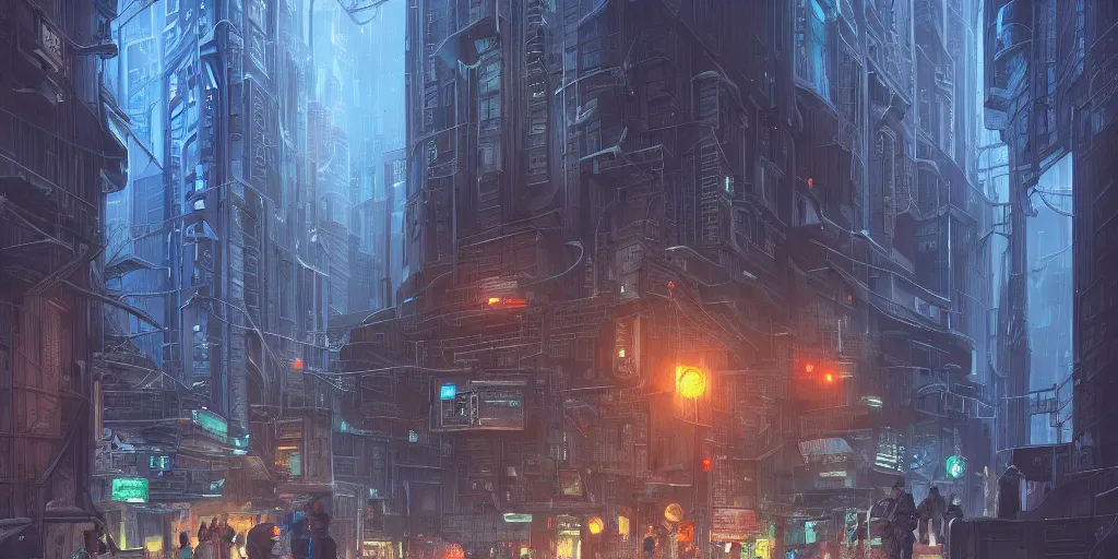Prompt: atlantis style, small building, city, street, science fiction, cyberpunk, rain day, wide angle, full of people, moon, a lot of lights, cinematic lighting, high detail, digital painting, concept art, illustration, smooth, sharp focus, trending on artstation, trending on deviantart, 4 k