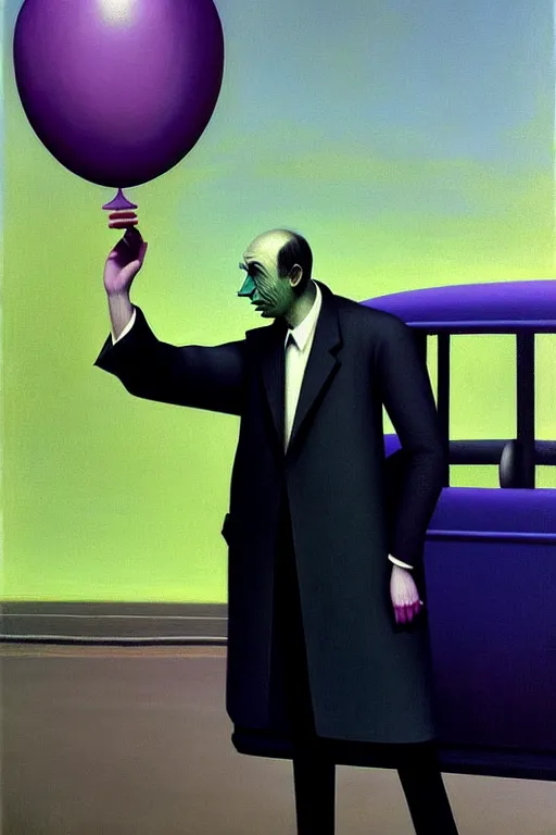 Image similar to a man holding purple balloon on his hand, standing outside of a bus, edward hopper and james gilleard zdzislaw beksisnski higly detailed