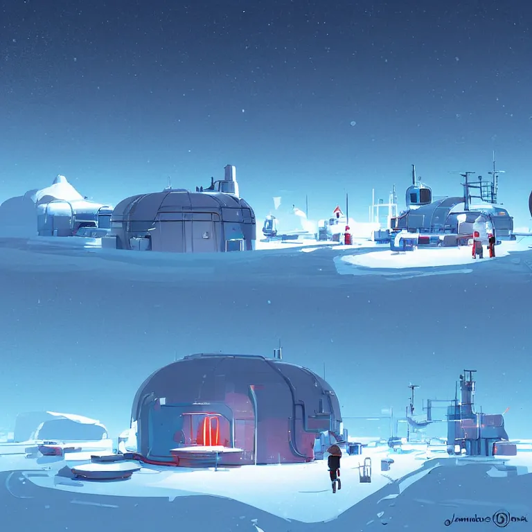 Prompt: A scientific base in north pole, cold, snowy, art by James Gilleard, James Gilleard artwork