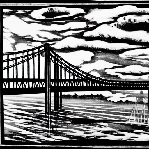 Image similar to steel suspension bridge built in 1 9 2 8, side view, clouds in background, woodcut style,