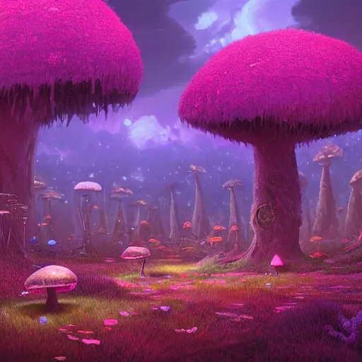 Image similar to concept art painting of a fantasy alien fungal landscape at night, magenta trees, glowing blue mushrooms, houses made of fungus, dark purple sky, realistic, detailed, cel shaded, in the style of makoto shinkai and greg rutkowski and albert bierstadt and james gurney