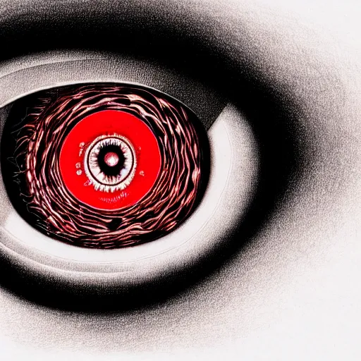 Image similar to a detailed extremely close up of inside the iris, cornea, red image, microscopic, extremely close up drawing by junji ito, cgsociety, generative art, lovecraftian, parallax, cosmic horror, extremely detailed, hyperrealism, unreal engine, octane render, award winning, masterpiece, highly detailed, realistic, 4 k, digital