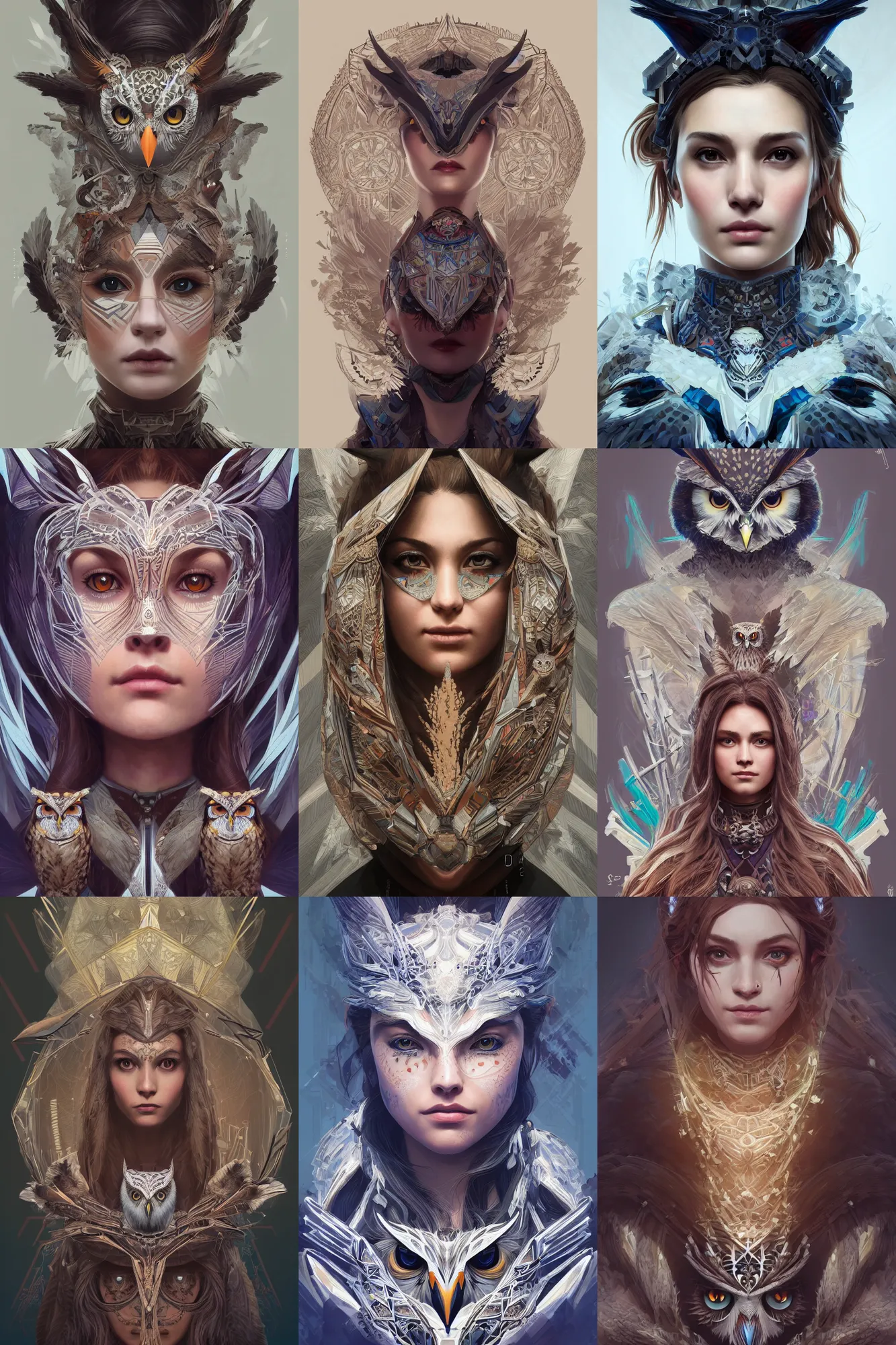 Prompt: symmetry!! portrait of woman with owl features in the style of horizon zero dawn, machine face, intricate, elegant, highly detailed, digital painting, artstation, concept art, smooth, sharp focus, illustration, art by artgerm and greg rutkowski and alphonse mucha, 8 k