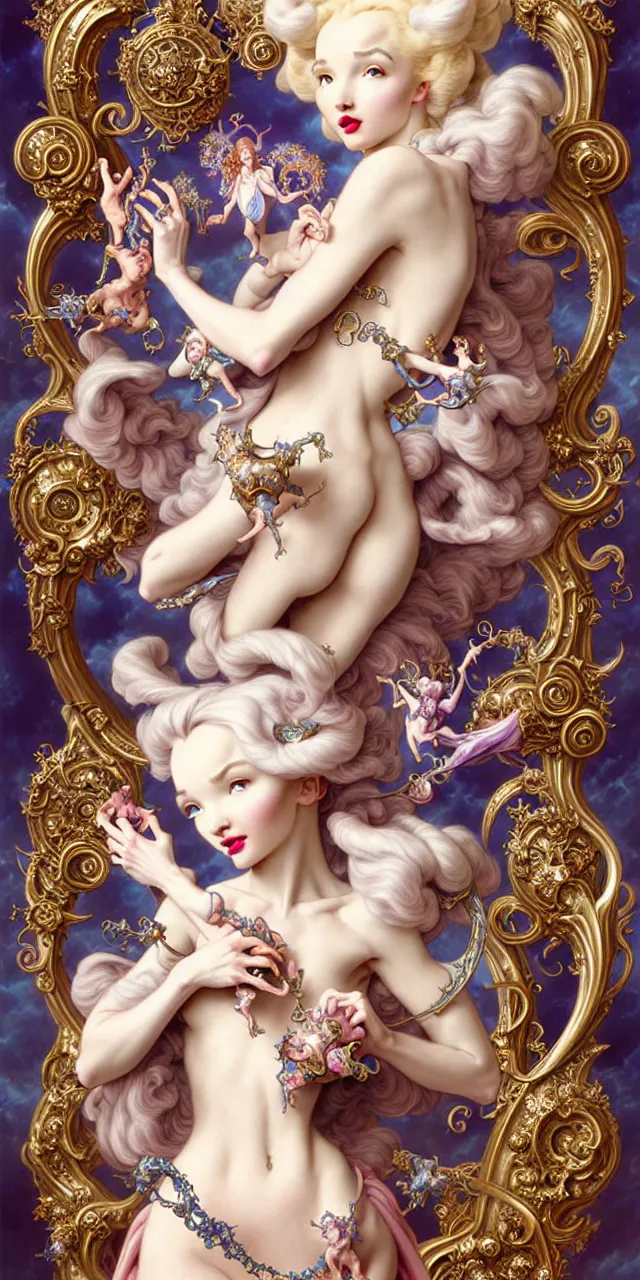 Prompt: beautiful dove cameron baroque rococo fantasy character portrait, ultra realistic, intricate details, the fifth element artifacts, highly detailed by peter mohrbacher, hajime sorayama, wayne barlowe, boris vallejo, aaron horkey, gaston bussiere, craig mullins alphonse mucha, rococo curves swirls and spirals, flowers pearls beads crystals jewelry goldchains scattered