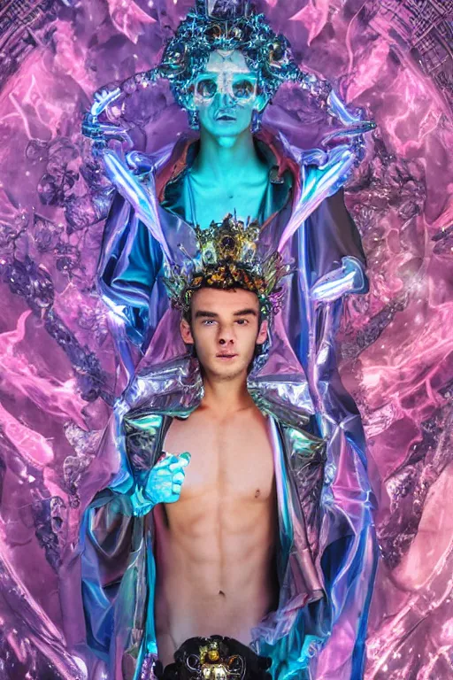 Image similar to photo of full-body rococo and cyberpunk delicate neon crystalline sculpture of ((handsome muscular onyx albino prince Liam Payne)) as an blue iridescent humanoid deity wearing ((peach plastic hooded cloak)) (holding an onyx skull) in a onyx castle dungeon, reclining, glowing pink face, crown of (pink lasers), large blue diamonds, swirling black silk fabric. futuristic elements. oozing glowing liquid, full-length view. space robots. intricate artwork by caravaggio. Trending on artstation, octane render, cinematic lighting from the right, hyper realism, photorealistic, octane render, 8k, depth of field, 3D