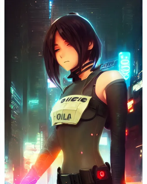 Image similar to anime key visual of a cat girl police officer, neon, cyberpunk, futuristic, stunning, highly detailed, digital painting, artstation, smooth, soft focus, illustration, art by artgerm and greg rutkowski and alphonse mucha