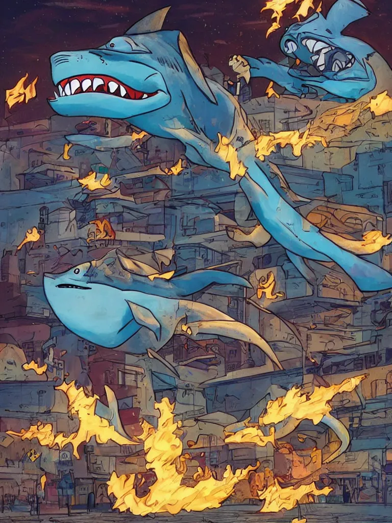 Prompt: giant street shark powering up