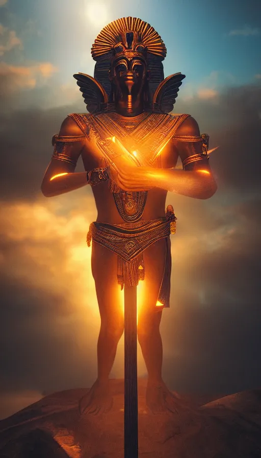 Image similar to the god horus invoking the energies of the sun, thelema, atmospheric, wide perspective, dramatic lights, micro details, grand composition, cinematic look, detailed, humidity, dust particles, photo real, ultra detailed, 8 k render, hyperrealistic octane render trending on artstation