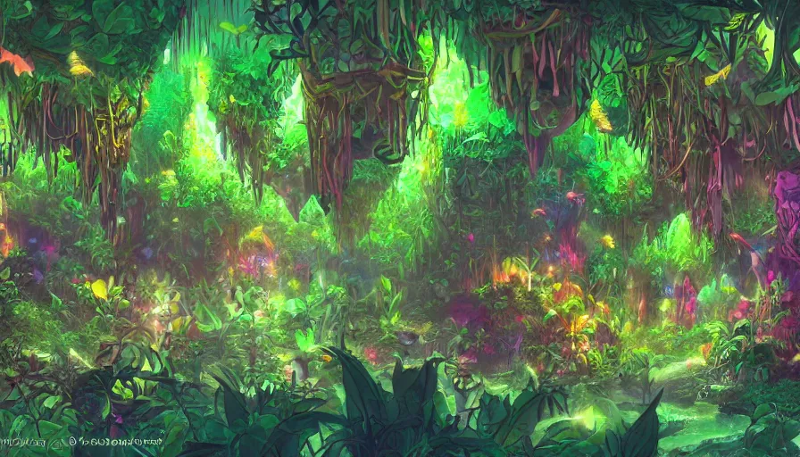 Image similar to concept art of underground jungle cave with luminescent plants, colorful, high detailed