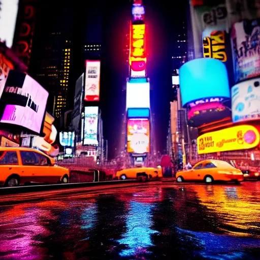 Image similar to a fried egg hovers over an open sewer, times square, night time, raining, neon light, romantic, ultra realistic, unreal engine, 4k, artstation