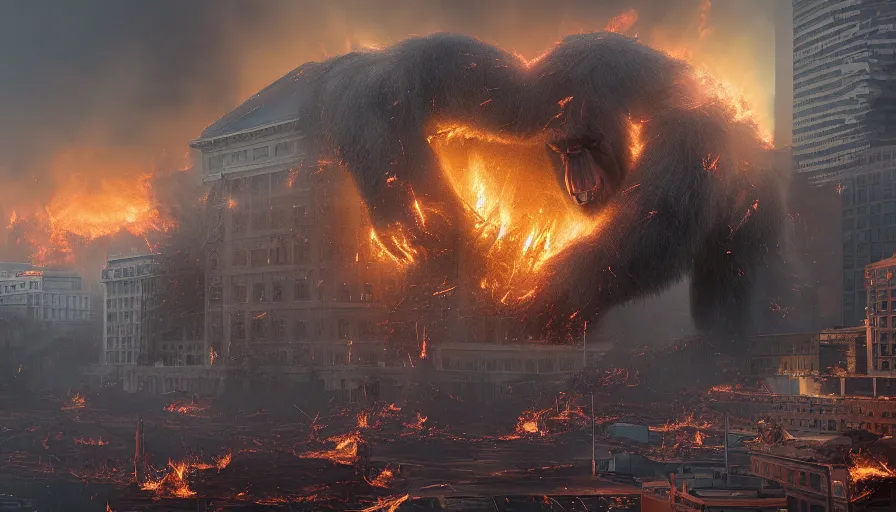 Image similar to giant bigfoot destroying washington dc, debris, collapsed buildings, burning white house, hyperdetailed, artstation, cgsociety, 8 k