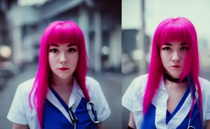 Image similar to cinestill 5 0 d candid photographic portrait by quentin tarantino of nurse joy from pokemon, extreme long shot, modern cyberpunk moody emotional cinematic, clear skies, 8 k, hd, high resolution, 3 5 mm, f / 3 2, ultra realistic faces, ex machina