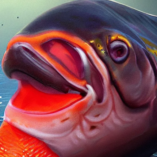 Image similar to a swimming salmon that looks like salman rushdie, a realistic portrait and realism, a sharp focus, ten flats, digital art, bright colors, trending on artstation, unreal engine