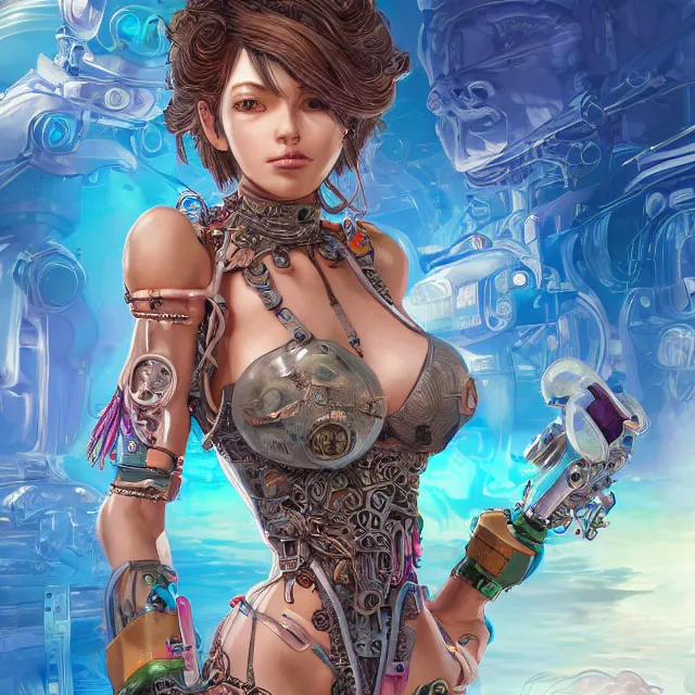 Image similar to the portrait of true neutral semi - colorful female cyborg mechanist as absurdly beautiful, gorgeous, elegant, young swimsuit model, an ultrafine hyperdetailed illustration by kim jung gi, irakli nadar, intricate linework, bright colors, octopath traveler, final fantasy, unreal engine 5 highly rendered, global illumination, radiant light, detailed and intricate environment