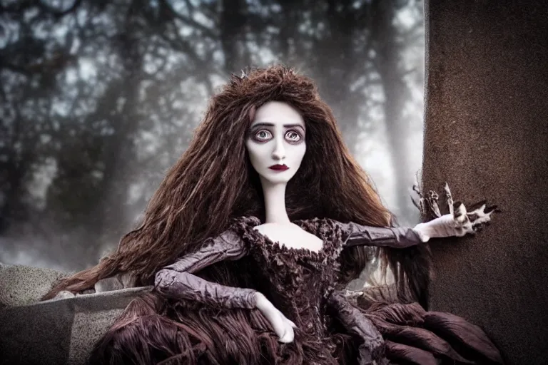 Prompt: photo taken of an epic intricate, ultra detailed, super realistic stop motion puppet of a majestic gracious regal aristocratic brunette female vampire in a graveyard filmset created by weta workshop directed by tim burton, menacing, close up shots, moody night time scene, photorealistic, sharp focus, gloomy, extremely cold blueish colour temperature, 3 5 mm, f 1. 4