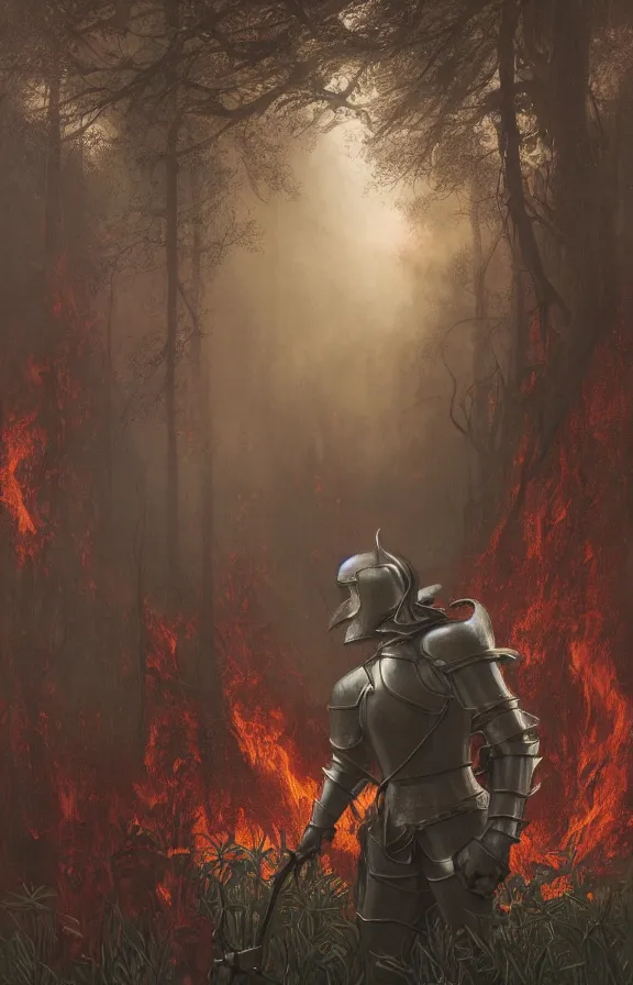 Image similar to portrait of a knight among flowers in dark forest, surrounded by fire and smoke, moody, rim light, dynamic lighting, cinematic shot, gritty, ultra - detail, renderman, physically based render, jean delville, gustave dore and marco mazzoni