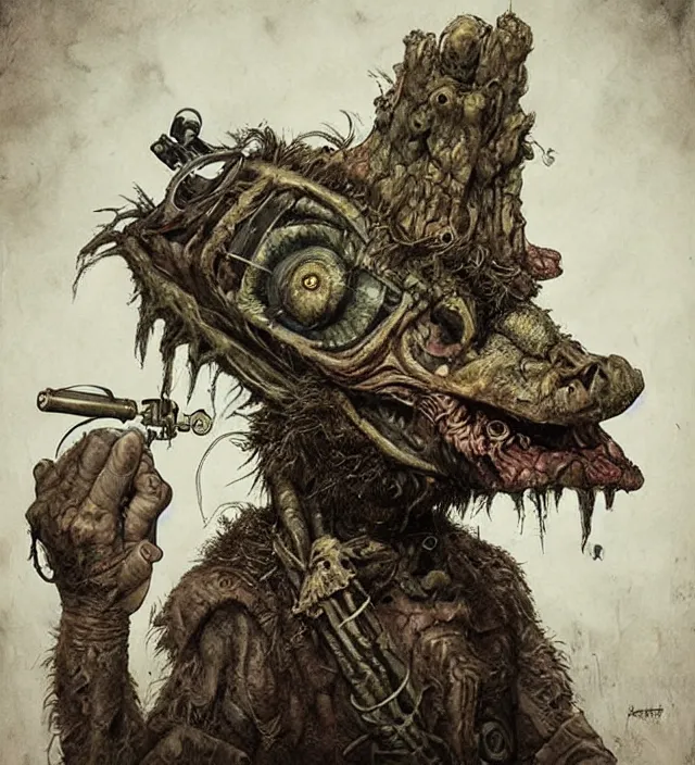 Image similar to hyper realistic portrait of postapocalyptic muppet show monster goblin, cinematic, symmetric, jean baptiste monge, scott radke