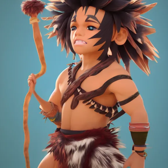 Image similar to 3D render of a cute tribal anime boy in a loincloth, fantasy artwork, fluffy hair, mid-shot, award winning, hyper detailed, very very very beautiful, studio lighting, artstation, unreal engine, unreal 5, 4k, octane renderer