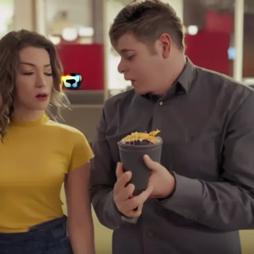 Prompt: Still from New McDonalds Commercial Where Customer Is Held At Gunpoint By Employee