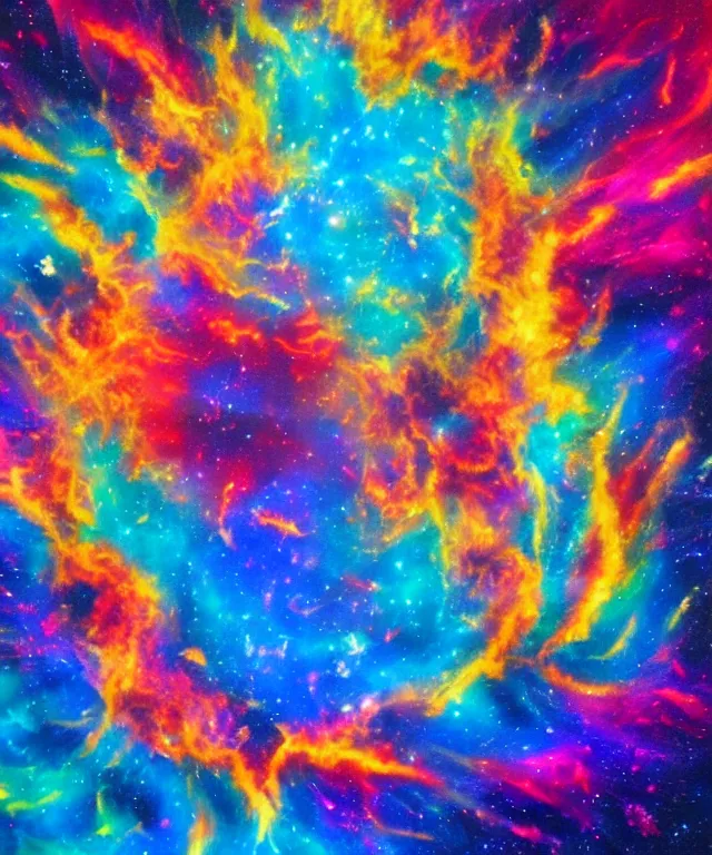 Image similar to blackhole, sun burst, space, bright colors, painting, rule of thirds, phoenix flames, nebula clouds, soft tones