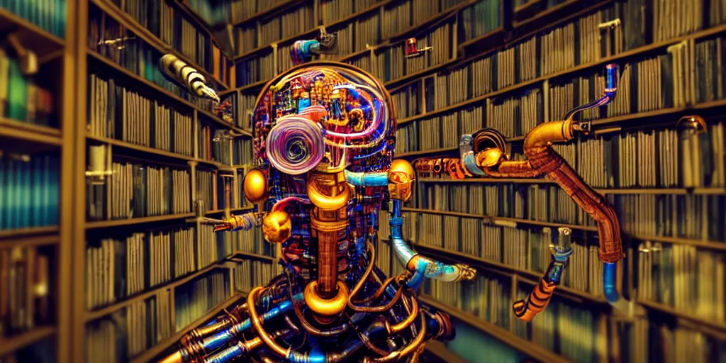 Prompt: A frightening and beautiful cyborg head with pipes and tubes in a library surrounded by books, collecting books with multiple arms, hyperealistic very colourful hdr cinematic lighting cgi render photorealistic cinematic octane render