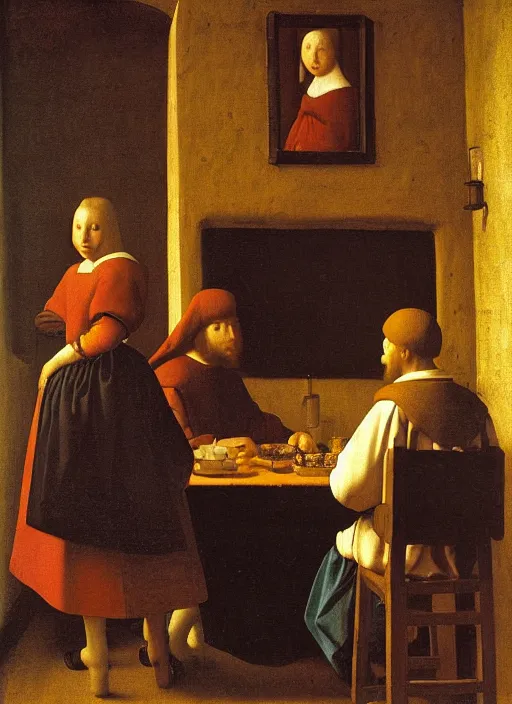 Image similar to young man at the table with young pretty blonde girl at the crowded tavern in the evening. medieval painting by jan van eyck, johannes vermeer