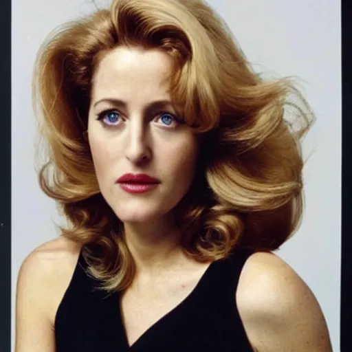 Prompt: photo of a gorgeous Gillian Anderson 1980s hairstyle by Mario Testino, detailed, full body shot, award winning, Sony a7R