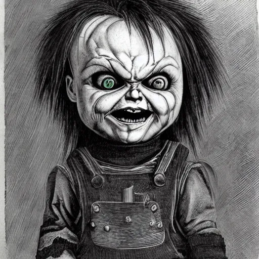 Prompt: painting of chucky by judson huss and henriette grindat and albrecht durer | horror themed | creepy