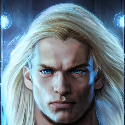 Image similar to A genetically engineered super soldier male with long blond curly hair and pale skin, glowing eyes, from the movie Firestarter, highly detailed, portait, character art by Fiona Staples.