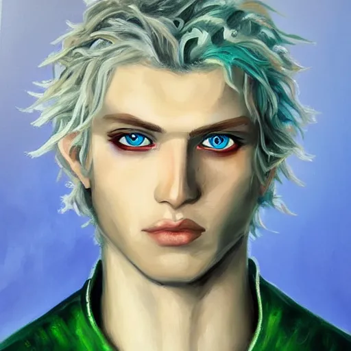 Image similar to oil painting of a beautiful platinum blond curly haired cleanshaven himbo with heterochromia, one blue eye one green eye, wearing heavy armor, d & d fantasy concept art