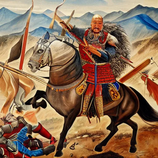 Prompt: Genghis Khan oil on canvas, intricate, action scene, 8k highly professionally detailed, HDR