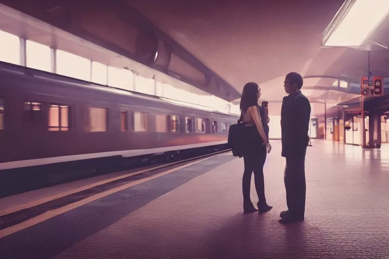 Image similar to vfx movie couple in a train station flat color profile low - key lighting cinematography atmospheric cool color - grade