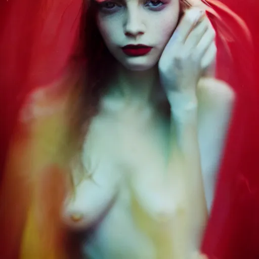 Image similar to beautiful portrait of sensual fashion model in red silk underwater, 35mm film