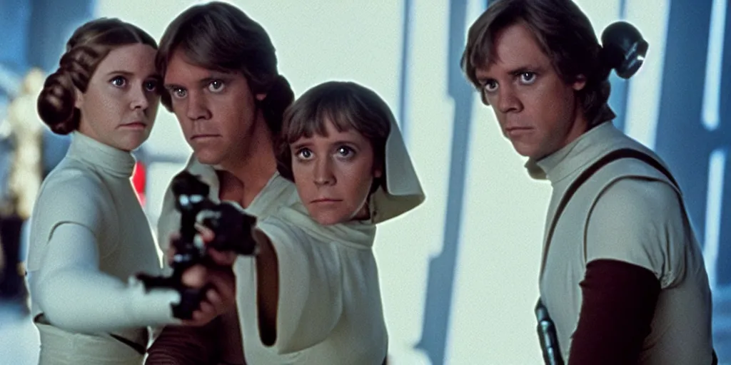 Image similar to screenshot of Luke Skywalker teaching Princess Leia the force, the two people are in a lost jedi Temple, 1970s sci fi film by Stanely Kubrick film, color kodak, Ektachrome, anamorphic lenses, detailed faces, hyper-realistic, photoreal, detailed portrait, moody cinematography, strange lighting