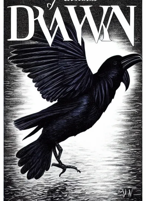 Image similar to cry for dawn cover depicting a raven by joseph michael lisner, masterpiece ink illustration,