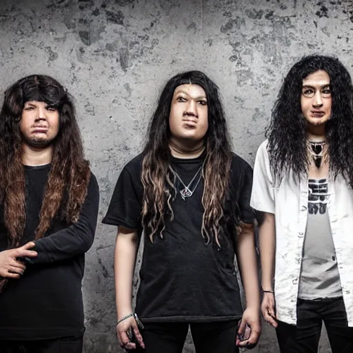 Prompt: group of ethnically diverse 19-year-old boys and girls with long permed wavy hair, stoner rock, traditional heavy metal, heavy rock, band promo image, 2022 HD photograph