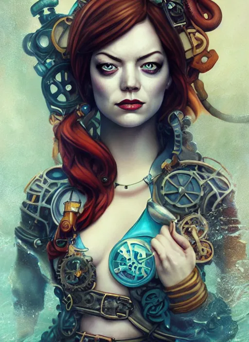 Image similar to underwater steampunk pirate portrait of emma stone, pixar style, by tristan eaton stanley artgerm and tom bagshaw.