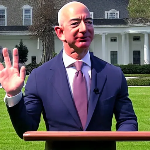 Image similar to Jeff Bezos as the president of the United States speaking with reporters on the what house lawn