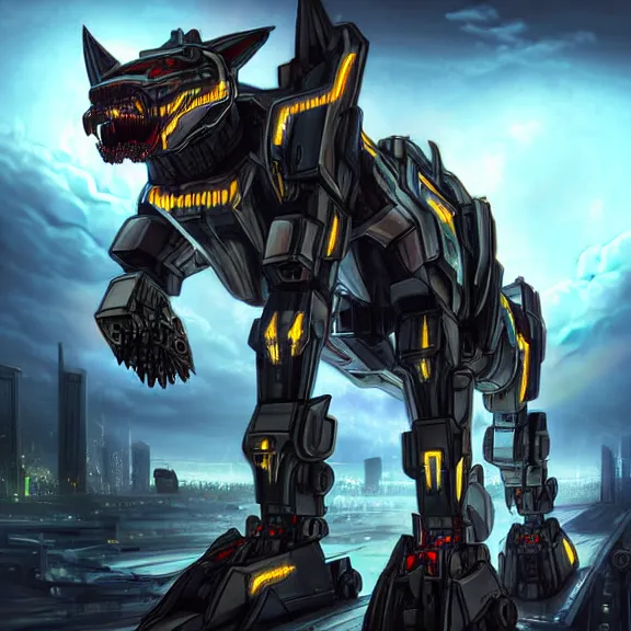 Image similar to hyper realistic, epic, highly detailed cinematic full body shot of a gigantic feral mecha canine, sharp metal claws, cannon mounted on back, sleek armor, glowing visor, destroying city, digital art, furry art, dragon art, zoids art, furaffinity, deviantart, sofurry