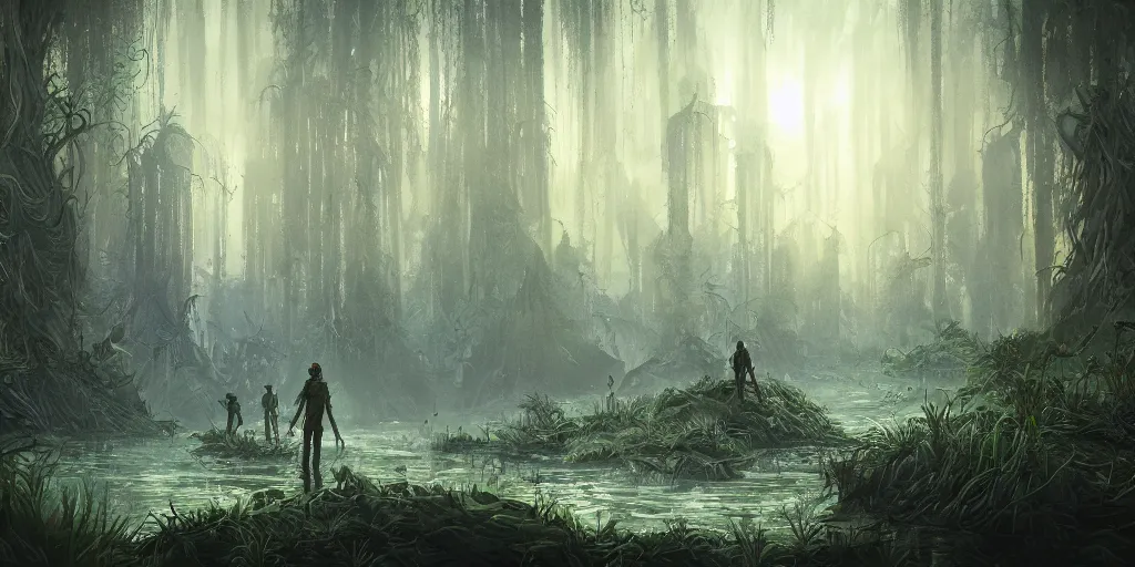 Prompt: reed - people in futuristic spiritual mystical post apocalyptic swampy forest in kazahstan drawn by ron gilbert, dim painterly volumetric aquatic lighting, scenic, beautiful, crisp, artstation, highly detailed