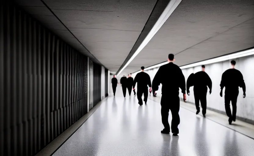 Image similar to Black quadcopters swarm the wide hallways in a futuristic prison underground with brutalist architecture, staff can be seen carrying black duffel bags, sigma 85mm f/1.4, 4k, depth of field, high resolution, 4k, 8k, hd, full color