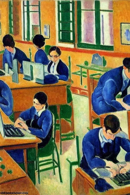 Image similar to oil painting highly detailed computer workers in office painted by henri matisse, impressionism