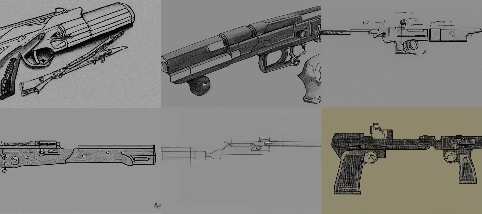 Prompt: Schematic drawing of a gun for angels, concept art