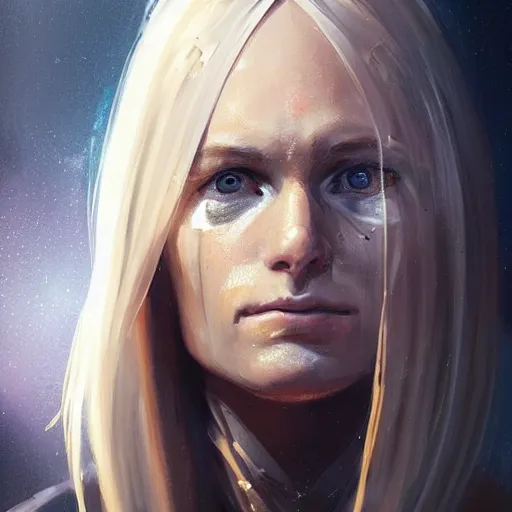 Image similar to portrait of a woman by greg rutkowski, she is about 3 0 years old, pretty, blond hair with two strans around her face, crying, helplessness and denial, she is wearing a futuristic space gear, highly detailed portrait, digital painting, artstation, concept art, smooth, sharp foccus ilustration, artstation hq.